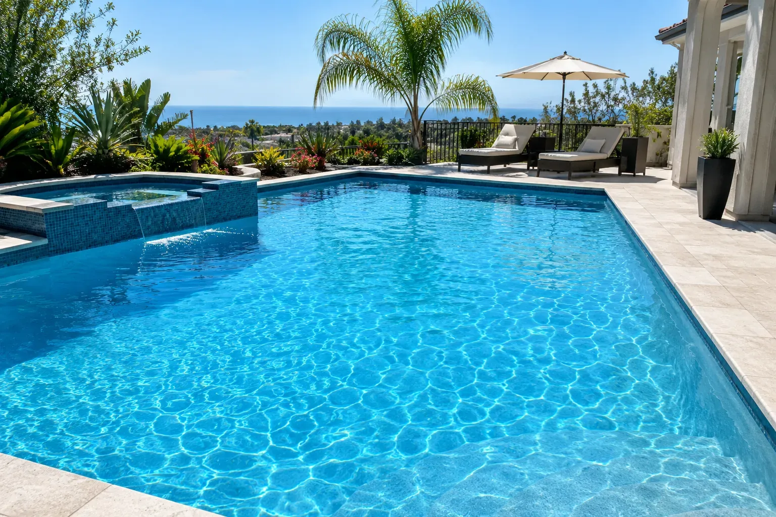A clear, well-maintained backyard pool with an ocean view in San Diego County
